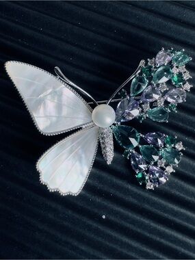 Butterfly Pearl & Crystal Brooch in White, Green & Purple